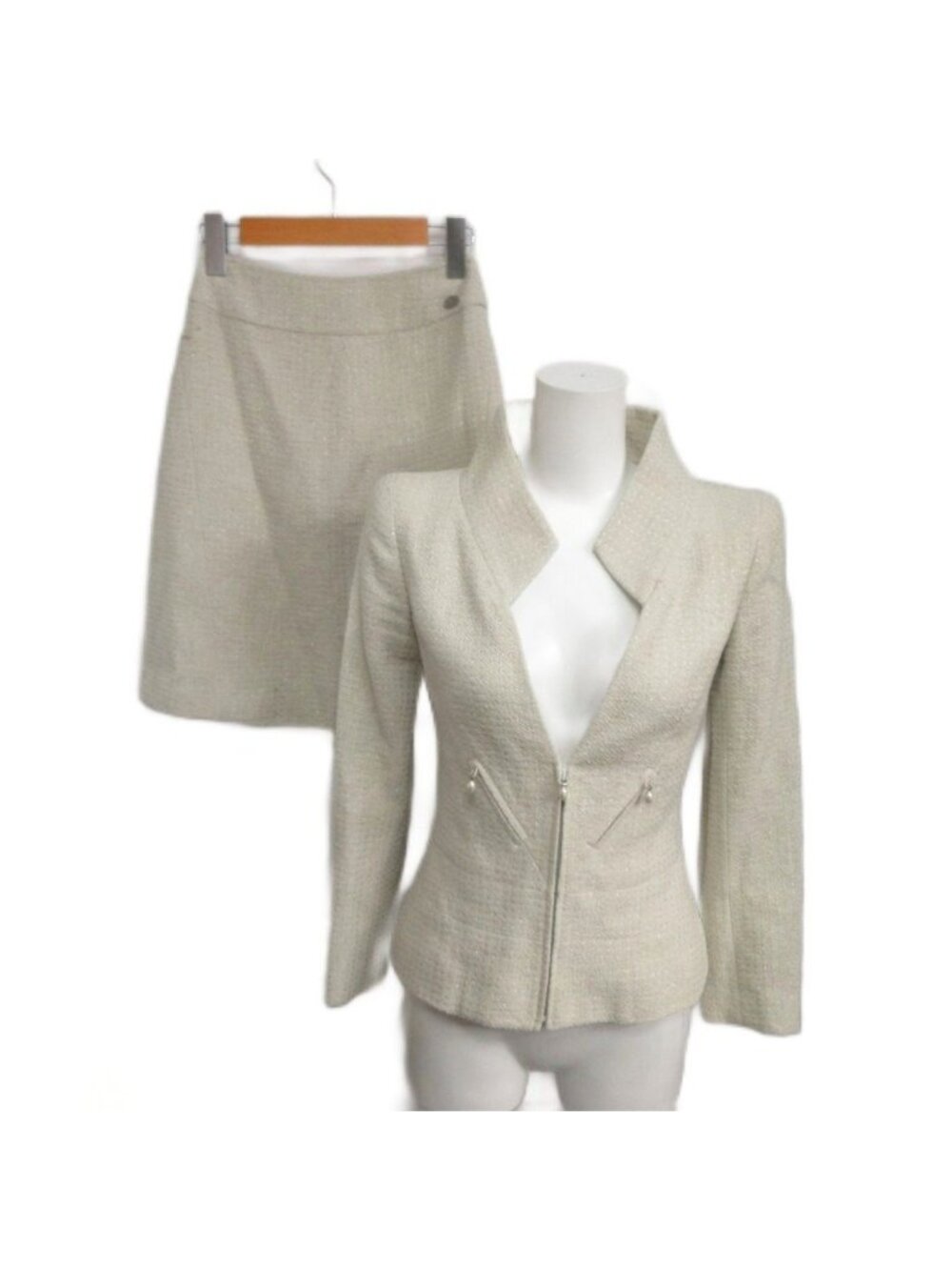 Chanel Tweed Set Jacket Flare Skirt Faux Pearl Logo Knee-Length Ivory 34